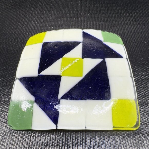 Hand Made Geometric Square Fused Glass Dish Plate Artist Signed Multicolored VTG - Picture 12 of 15